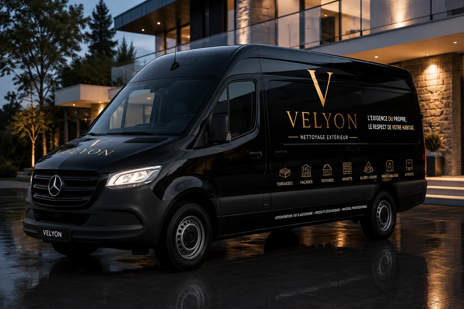 Camion Mercedes Sprinter VELYON noir aux finitions dorées devant une villa contemporaine au crépuscule